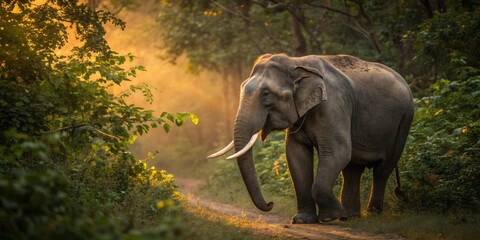 Fototapeta premium Golden Sunset Light Illuminates a Majestic Indian Elephant in a Tranquil Natural Setting