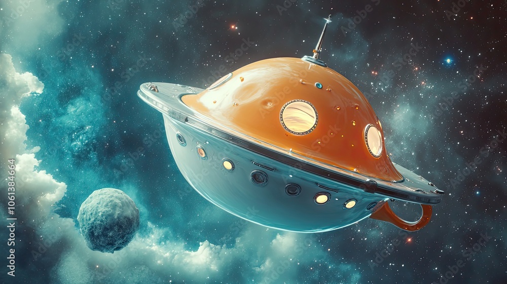 Poster a retro-styled spaceship flies through a starfield with a distant asteroid.