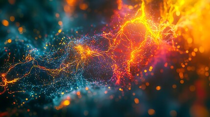 Vibrant and intricate network of interconnected nodes displaying abstract AI data visualization with colorful patterns