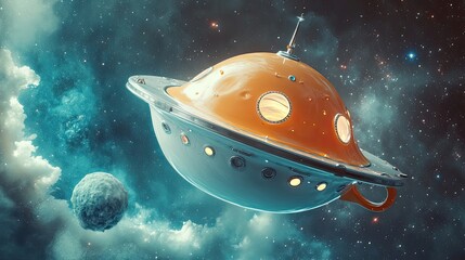 A retro-styled spaceship flies through a starfield with a distant asteroid.