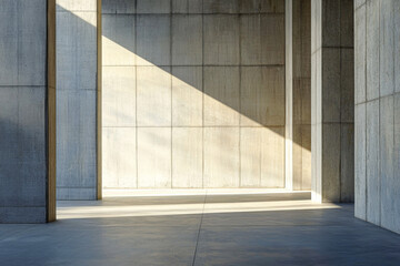 Minimalist architectural interior with sunlight casting shadows on concrete walls