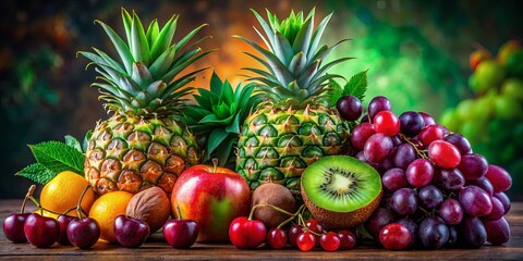 A vibrant still life featuring an assortment of fruits pineapples, kiwi, grapes, red cherries, apples and oranges, arranged on a rustic wooden surface.