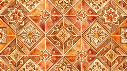 A Seamless Pattern of Interlocking Tiles with Intricate Floral Motifs, Rendered in Warm Watercolor Hues