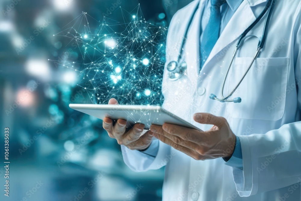 Poster doctor using tablet with digital data visualization