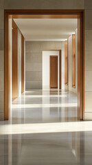 Modern hallway featuring wooden doors and polished floors in a contemporary building