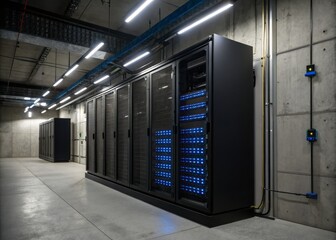 Naklejka premium Sleek Modern PABX System Featuring Rows of Black Panels for Advanced Communication Solutions