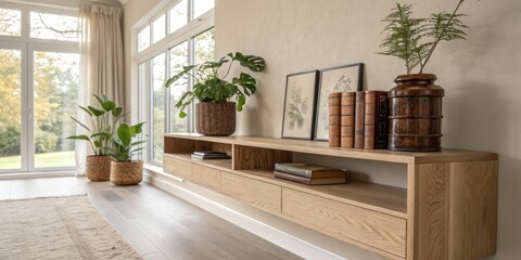 Sleek Modern Minimalist Wooden Shelf Against a Soft Pale Background for Contemporary Decor Ideas