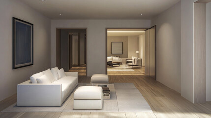 Modern living room design with white furniture and minimalist decor in a spacious home