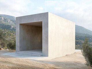 Minimalist concrete structure stands alone in a serene mountainous landscape under a cloudy sky