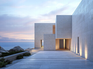 Modern coastal architecture at sunset with serene ocean views