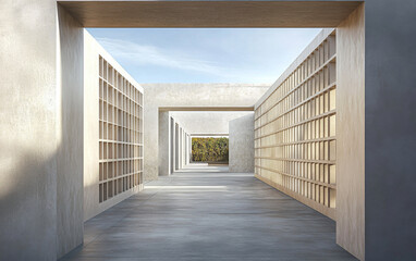 Modern architectural corridor with shelves and serene outdoor view during daylight