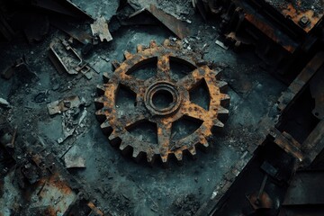 A single rusty gear sits atop a pile of scrap metal.