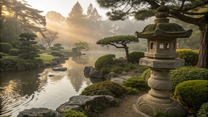 Soft Golden Light Illuminates a Serene Japanese Garden Setting with Tranquil Water Features and Flora