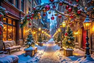 Urban Exploration Photography of New Year's Decorations in Winter Atmosphere with Festive Lights, Snowy Streets, and Vibrant Colors for a Celebratory Mood
