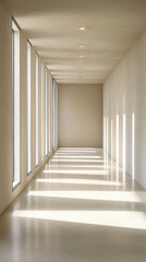 Fototapeta premium A serene hallway with natural light streaming through tall windows in a minimalist interior
