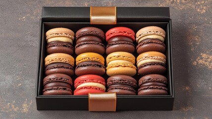Visualization of a box of assorted macarons, beautifully packaged with a satin ribbon, Gift box of macarons, Charming and festive