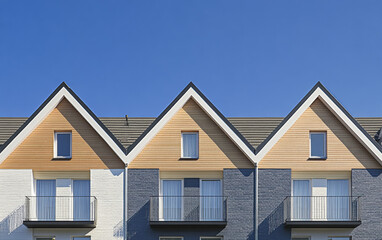Contemporary residential houses with distinct roofs and colorful facades under a clear blue sky