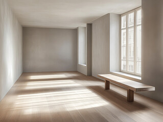 Obraz premium Minimalist interior design featuring a wooden bench and natural light in a spacious room