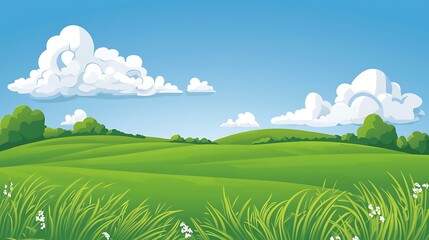 Obraz premium An AI generated illustration of a lush green field under a clear blue sky, with fluffy white clouds and a backdrop of rolling hills in the distance.