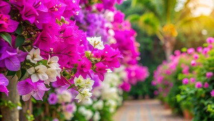 Obraz premium Vibrant Bougainvillea Flowers in Bloom, Ornamental Planting with Thorny Vines, Lush Greenery, Nature's Beauty, Outdoor Garden, Colorful Landscape, Floral Arrangement