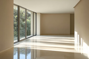 Bright modern interior with large windows and glossy flooring during morning light