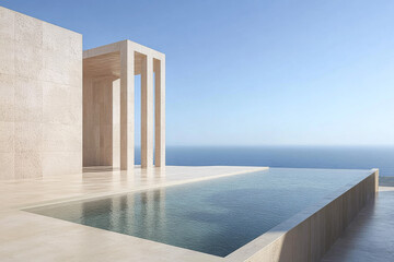 Modern architectural design featuring an infinity pool overlooking the ocean at sunset