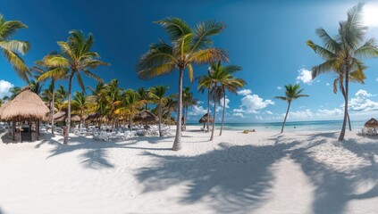 Beautiful Tropical Beach with Palm Trees and White Sand Against Blue Sky Background - Panoramic View