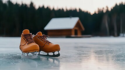 Closeup of ice skates on a frozen pond, ready for a winter adventure