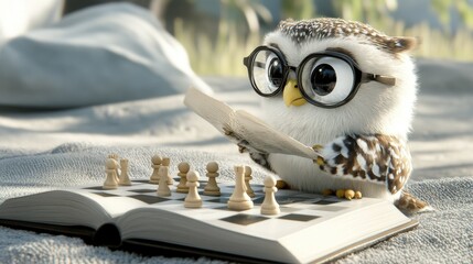A charming, studious owl wearing glasses reads a book while observing a chessboard, combining themes of wisdom and strategy in a playful scene.