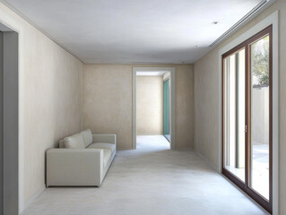 Obraz premium Minimalist interior design featuring a bright living space with modern furniture and large windows