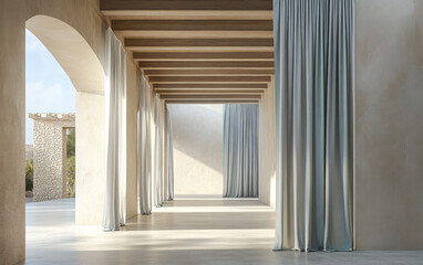 Fototapeta premium Minimalist interior with flowing curtains in a serene architectural space during daylight