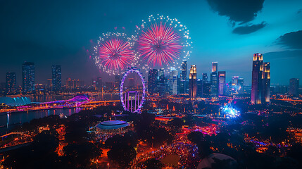 Obraz premium A city with a large Ferris wheel and fireworks lighting up the sky