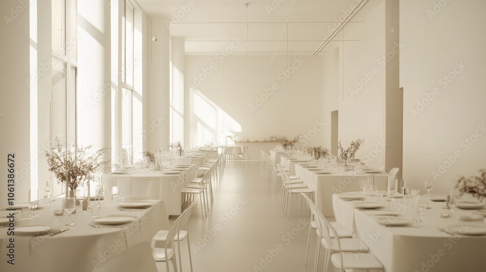 Poster elegant dining hall with rows of tables and large windows