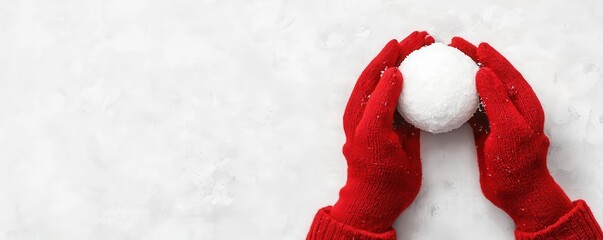Hands wrapped in mittens, holding a snowball, playful winter fun