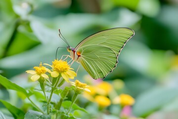 Butterfly pollinates vibrant yellow flowers