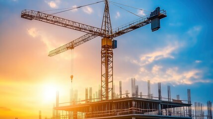 Fototapeta premium A yellow crane with a blue sky and sunset background, a silhouette of a building under construction.