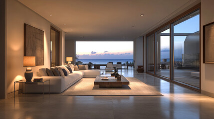 Fototapeta premium Modern living room with ocean view at sunset, featuring sleek furniture and warm lighting