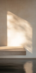 Soft sunlight casting shadows on a minimalist wooden shelf in a tranquil interior space