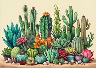 Obraz premium Editable Vector Illustration Poster Featuring Cactus and Succulent in Sketch Style for Botanical Art Lovers and Home Decor Enthusiasts