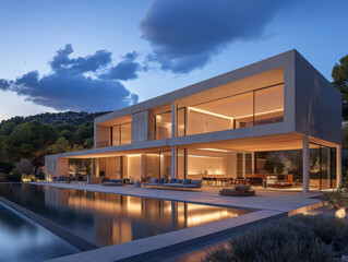 Obraz premium Modern villa with serene poolside view and warm evening lights in a tranquil outdoor setting