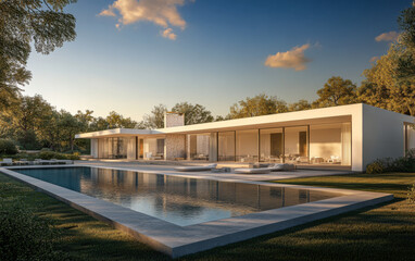 Obraz premium Modern minimalist house with pool surrounded by greenery during sunset evening light