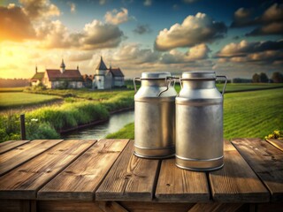 Vintage Dutch Milk Cans on Rustic Wooden Table with Double Exposure Effect for Nostalgic Aesthetic in Farmhouse Decor