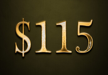 Old gold effect of 115 dollars with 3D glossy style Mockup.
