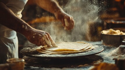 Closeup of a baker's hands preparing dough for tortillas, with flour falling from his hands.