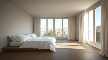 Modern minimalist bedroom with large windows overlooking a cityscape during daylight hours