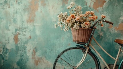 A Vintage Bicycle with a Basket of Flowers Leaning Against a Weathered Wall