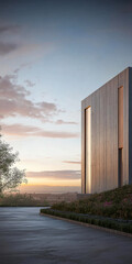 Obraz premium Modern architecture contrasts with a tranquil sunset, highlighting clean lines and natural beauty