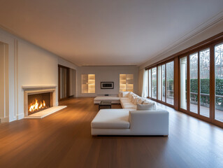 Obraz premium Cozy modern living room with a fireplace and large windows, ideal for relaxation