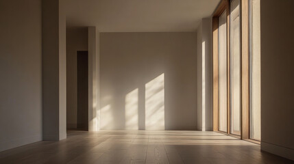 Sunlight streaming through large windows in a spacious, minimalist room during the late afternoon