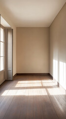 Bright, empty room with wooden flooring and sunlight streaming through the window during the day